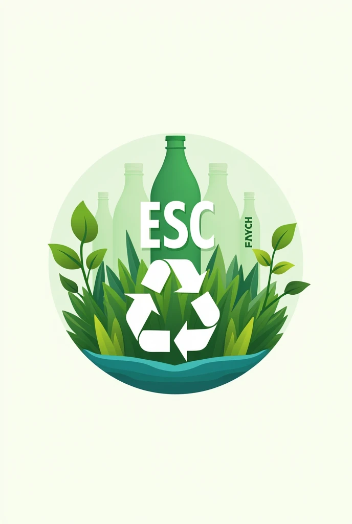 Logo with the name Esc Place plants, recyclable bottles, the recycling symbol, a logo for an eco-sustaining science campaign 