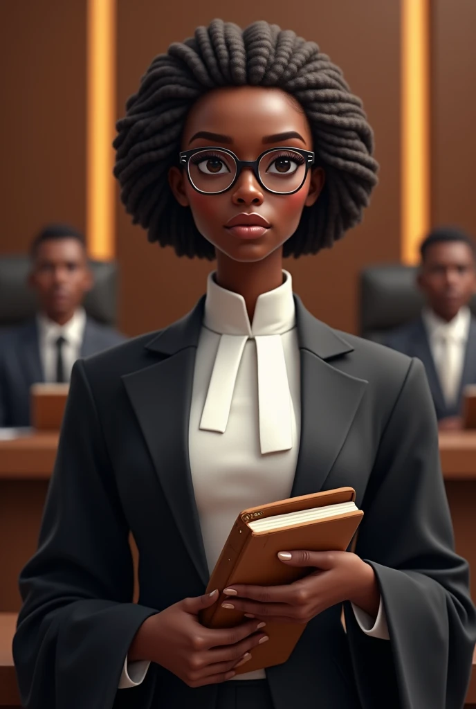 Please drow a Nigerian barrister before the judge and some people at court she wear wig and gown she put very slim eye glass her hand with book and reaction with small eyes short nose and middle mouth so beautiful lady 