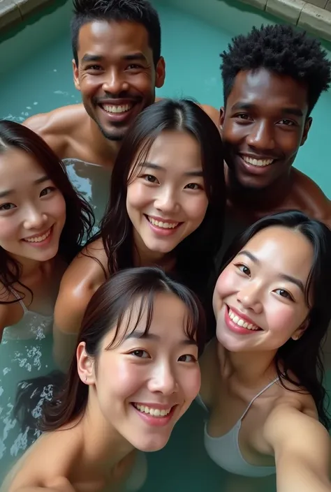 Photorealistic, 3 beautiful Japanese women and 5 muscular black men, Selfie, Face Enhancement, Face Zoom, Big smile, Long brown hair, Wavy Hair, Dark Skin, Rock bath, Mixed Bathing Hot Springs, Looking up from below、All naked