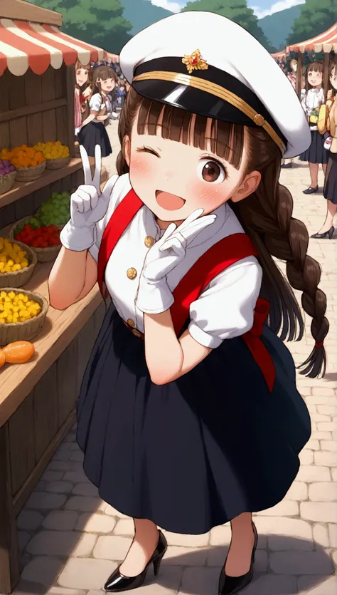 {Best Quality}, {Very beautiful},{Ultra fine},{Best illustration},Brown Hair,Hime cut,Long Hair,Braids,Standing Woman,Woman guarding,Adult women,smile,Excited face,Wink,Uniform cap,White Shirt,Short sleeve,long black skirt,White gloves,Around town,festival...