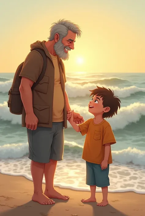 A father next to his young son at the beach watching sea and laugh , one of his hand is on the shoulder of his son