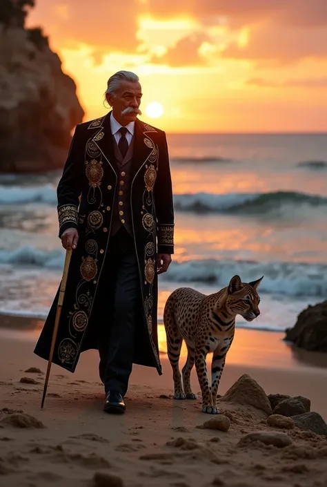 Imagine Salvador Dalí walking along a rocky cove on the Costa Brava at sunset, with his exotic ocelot by his side. Dalí wears a long velvet coat in dark hues with gold details, and holds an ivory-handled cane. His iconic mustache is perfectly twisted upwar...