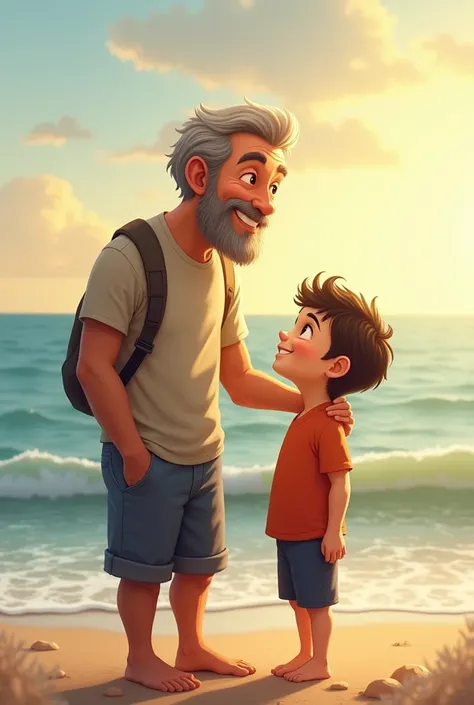 A father next to his young son at the beach watching sea and laugh , one of his hand is on the shoulder of his son