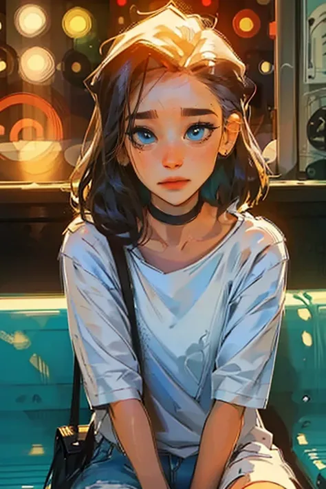 ultra-detailed, vibrant colors, soft natural lighting, fine art, bokeh effect. upper body, casual outfit, medium shot, big eyes, huge eyes, ((sad expression)), sitting on a bench in a subway statuon, ((sitting)), ((on a streets curb)), ((sad face)), ((cryi...