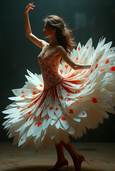 A stunning, surreal image of a dancer wearing an intricate, feathered dress made up of playing cards, creating a mesmerizing and visually striking effect. The dancer is posed gracefully against a dark background, with the cards appearing to flow outward in...