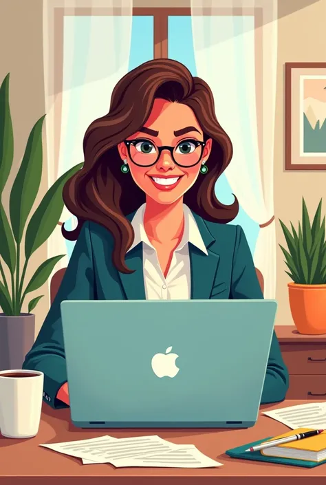 Create a company owner cartoon image with laptop woman 