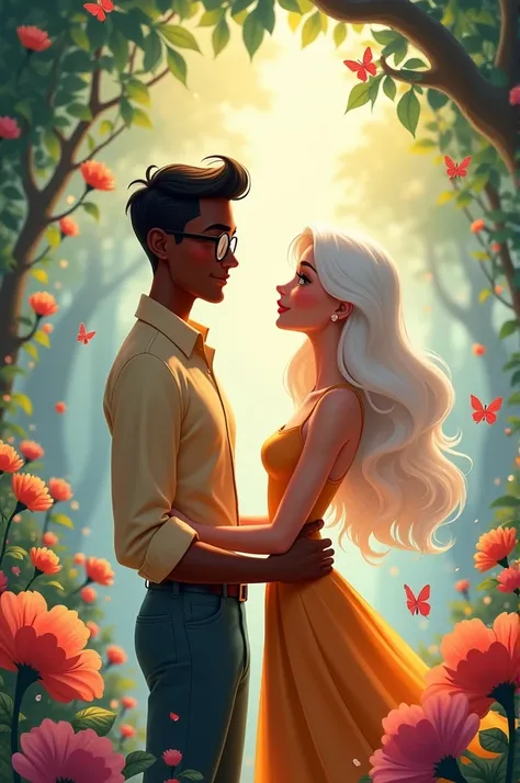 Create a Disney image of a white woman with very long, straight white hair and a dark-skinned man with glasses and a short haircut 