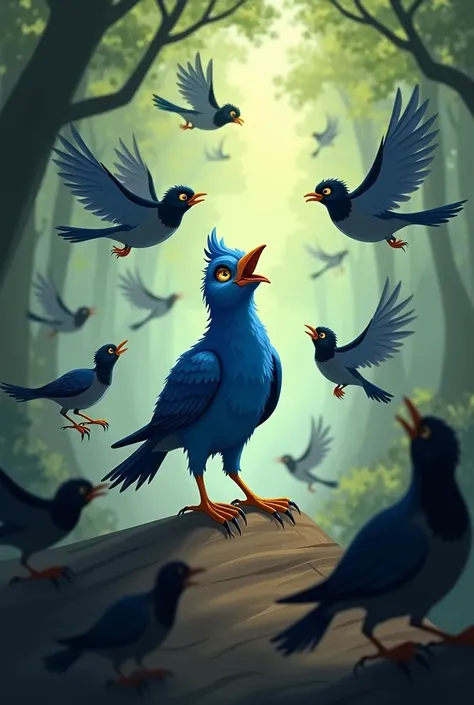 Fear and Panic Among the Birds
The birds in the forest begin to panic as they realize the danger. Some are flying around nervously, others looking towards beutiful blue bird Neelima for guidance. The atmosphere changes from peaceful to tense, with birds ex...