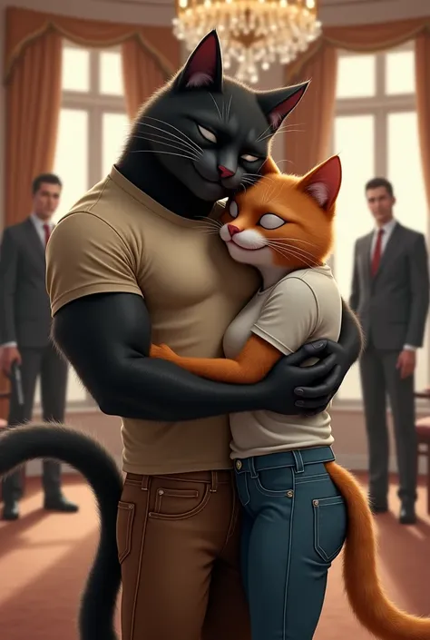 A muscular long cat, anthropomorphic black cat in a tight-fitting begie t-shirt and brown jeans is joyfully hugging a smaller cat wearing white shirt and blue jeans, similarly designed kitten, both smiling. In the background, two well-dressed men in suits,...