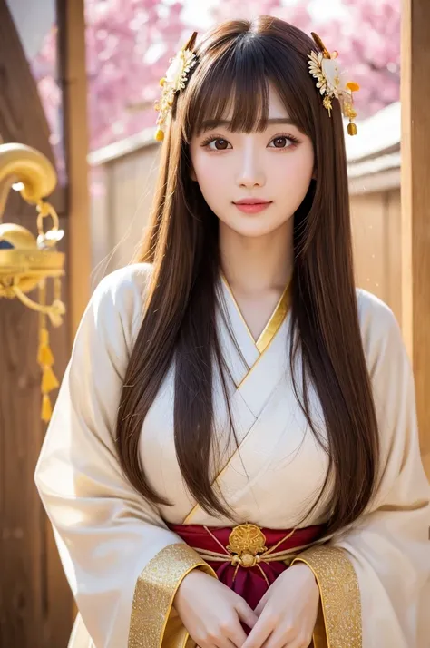 Holding and ringing a kagura bell、Japanese Goddess、whole body、Goddesses in Japanese mythology、High resolution、Japanese Idols、1、Expressionless、Looking at the camera、Long Straight Hair、Brown Hair、Brown eyeshadow、Pale pink cheeks、Eyeliner、Beige lipstick、Gloss...