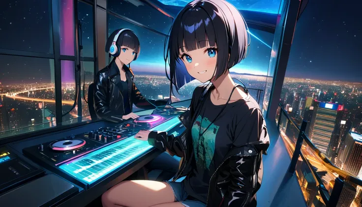 ((１People Girl)), Headphones and leather jacket、Wearing skinny jeans, ((blue eyes)) (((Shortcuts、Bobcut、Shiny black hair))) (((Are you wearing your headphones correctly?))) (Oversized black t-shirt)Night sitting on the edge of the roof. ((Tokyo))The city l...