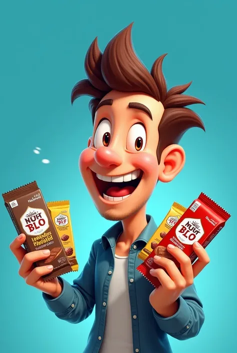 An animated man with a hairstyle holding Nestlé brand products in his hands in blue