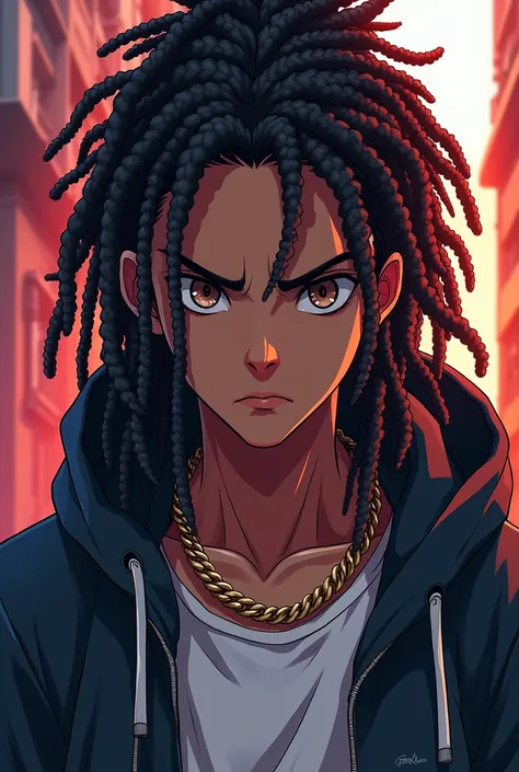 make a potrait anime man with dreadlock hair, hip-hop style