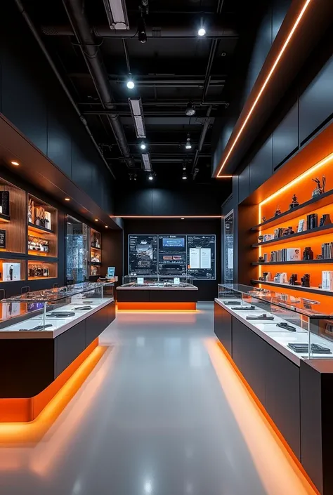 Physical Store Futuristic black and orange details stationery, no peoples 