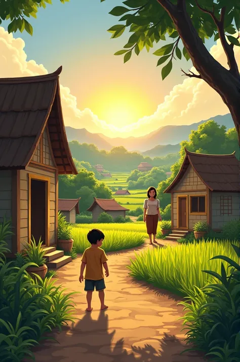 A simple village surrounded by green rice fields, with small wooden houses. A boy named Budi, wearing simple clothes, walking on the village dirt road. Her parents, a farmer and traditional cloth weaver, standing in front of their simple house, smiled at h...