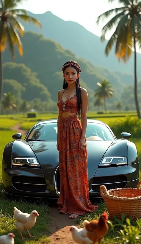 (photorealism:9.16) Make a picture facing the camera of a beautiful village girl standing in front of a bugatti veyron car, wearing traditional Javanese clothes, background of mountains around the village, bright green rice fields and coconut trees, girl h...