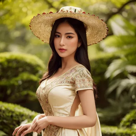 black eyes mexican dress style, A stunning mexican woman delicate features, wearing a traditional dress with intricate brown hat patterns, standing in a serene garden surrounded by lush greenery and vibrant flowers, her long black hair styled in an elegan,...