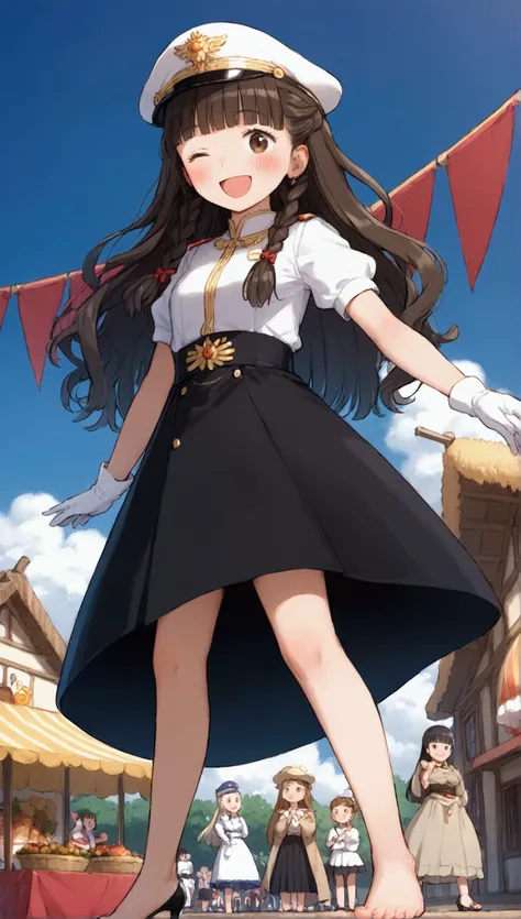 {Best Quality}, {Very beautiful},{Ultra fine},{Best illustration},Brown Hair,Hime cut,Long Hair,Braids,Standing Woman,Woman guarding,Adult women,smile,Excited face,Wink,Uniform cap,White Shirt,Short sleeve,long black skirt,White gloves,Around town,festival...