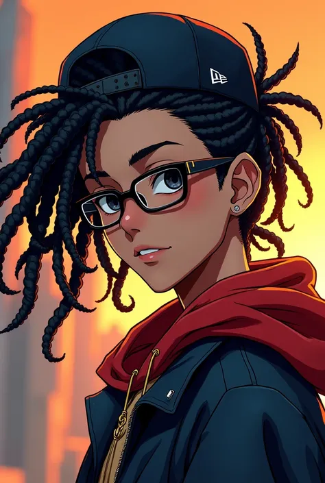 make a potrait anime man with dreadlock hair, hip-hop style USA,wearing glasses black tint,and cap