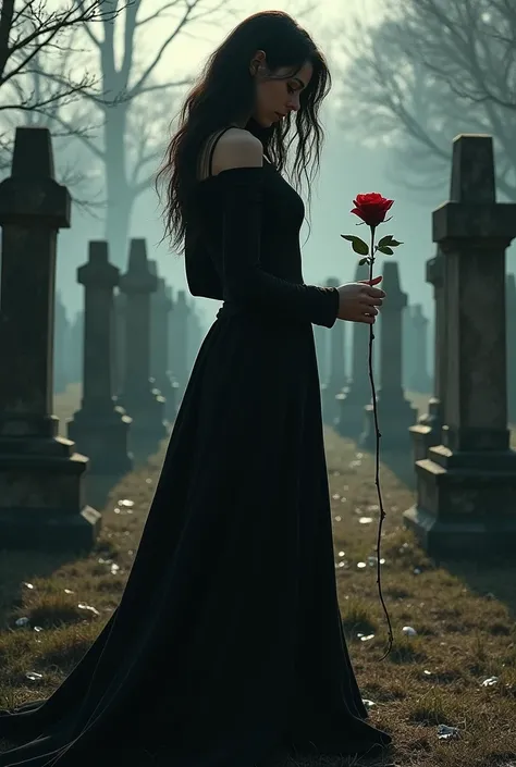 Woman in cemetery with black dress, and a rose in hand