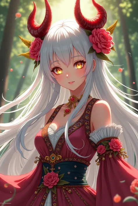 Beautiful girl with long white hair, Red horns and eyes with yellow pupils, dressed in Mexican costume in anime style