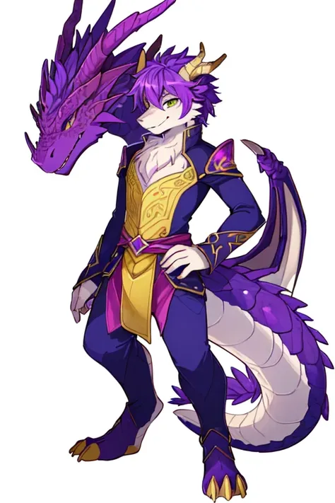 there is a drawing of a dragon with a purple tail, as an anthropomorphic dragon, full color drawing, colored drawing, young male anthro dragon, but as an anthropomorphic dragon, anthropomorphic dragon, a humanoid thistle monster, complex fantasy character,...