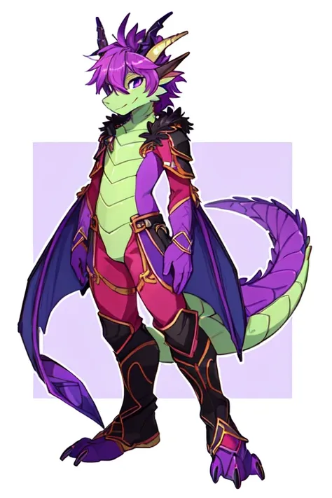 there is a drawing of a dragon with a purple tail, as an anthropomorphic dragon, full color drawing, colored drawing, young male anthro dragon, but as an anthropomorphic dragon, anthropomorphic dragon, a humanoid thistle monster, complex fantasy character,...