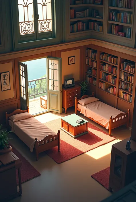 (A view of the living room in a beautiful flat on the roadside. One of its doors opens into the verandah facing the road, the other into the inner room, and the third into the kitchen. There are books on the shelves. There is a radio set on one side. There...