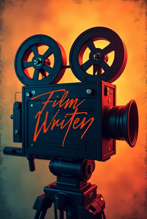 A poster with movie camera background , and there is twisted "film written" on top