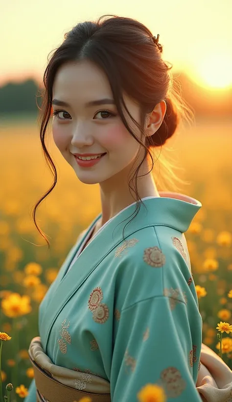 ３A Japanese woman in a kimono inspired by the birthstone of the moon, aquamarine, is speaking to us with a cute, broad smile and a cute gaze in the background of a field of yellow navy flowers.