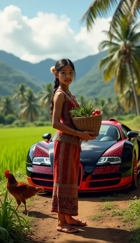 (photorealism:9.16) Make a picture facing the camera of a beautiful village girl standing in front of a red and black combination bugatti veyron car, wearing traditional Javanese clothes, background of mountains around the village, bright green rice fields...