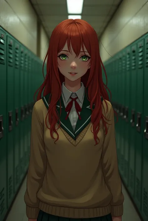 create the image of a young woman who looks between 18 and 2, long red hair,  white skin and greenish eyes, wearing a school uniform and a sweater, in the digital illustration style inspired by the GTA V loading screens, your happy expression,  low lightin...