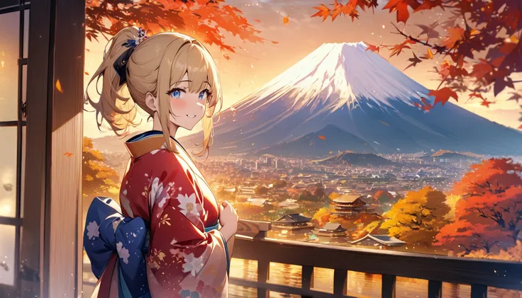 Best Quality, masterpiece, The girl who grants 願いes,blonde,blue eyes,Double exposure, The best smile, autumn, kimono, Golden light particle effect、Events in Japan、ponytail、Japanese Culture、Mount Fuji、Mount Fujiを見上げる