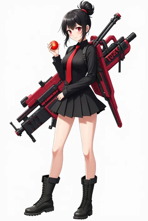 The image features a female character with a striking anime style., that combines elements of a school uniform with a futuristic touch. She is wearing a black blouse that fits her body perfectly., adorned with a vibrant red tie that stands out in the ensem...