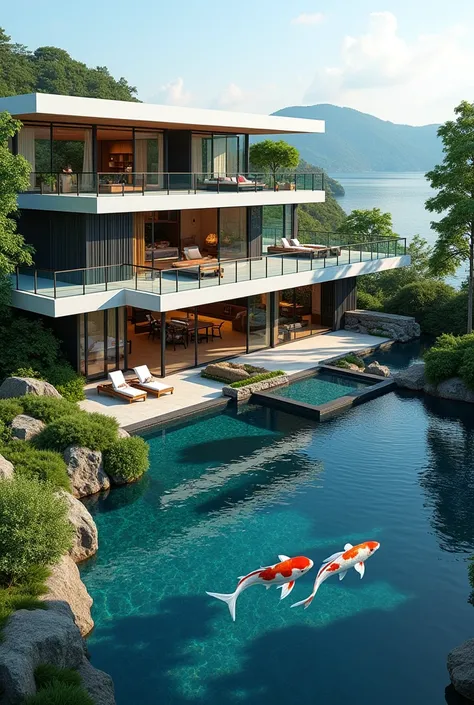 Modern style villa, with swimming pool in front of the house, lake view, garden with koi fish tank, real daylight, good photo quality, camera view from above.