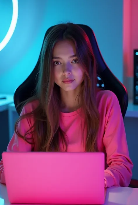 Long hair Girl image wearing a pink top sitting on a gaming chair front side table on a pink colour laptop, high quality background blue and pink combination half showing body image looking at camera 
