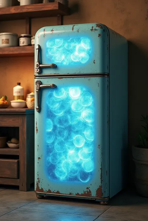 A Refrigerator , emitting cool waves , with rustic look 
