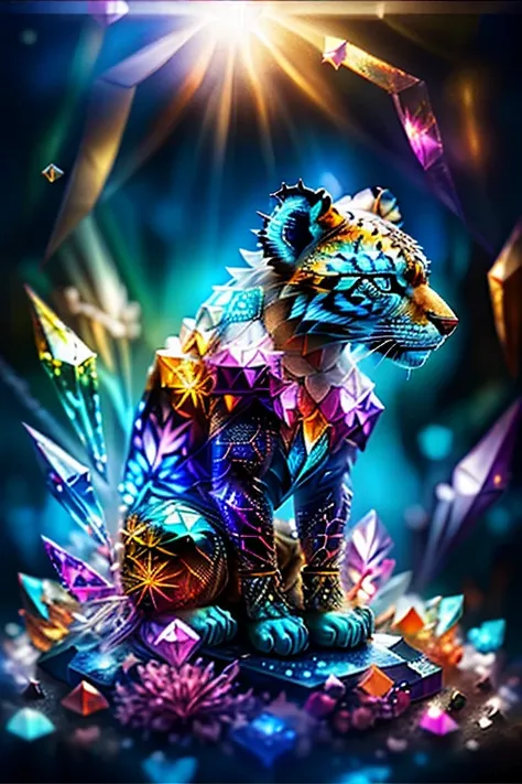 (((best quality))), tiger, colored crystal tiger statue, crystal polygons, transparent crystal, translucid crystal, glass effect...