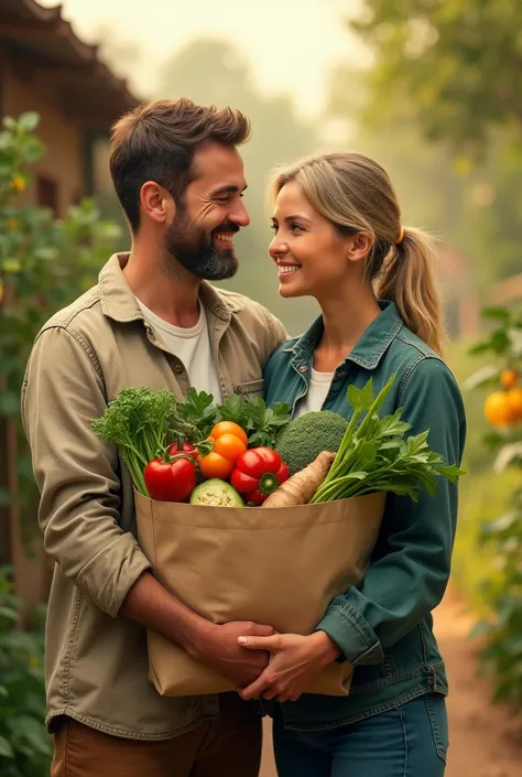 Bag with vegetable caring tow people hand