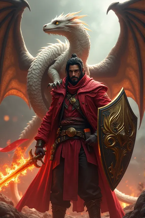 An cherecter in free fire occupying red criminal having an great flame sword with golden shield and an white dragon on his shoulder with his big mother dragon in side