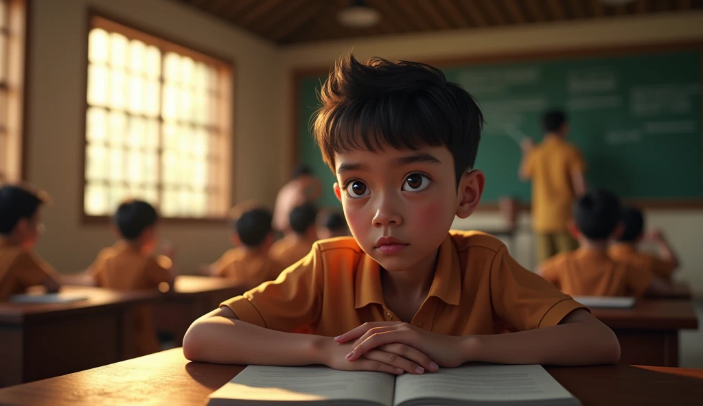 A small classroom in an old village school. Budi, a boy with determined eyes, sit in the front row. His classmates also sat down, but Budi is the most serious in paying attention. Teacher, traditional dress, writing on the board. Sunlight comes in through ...