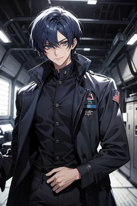 (Confused, High resolution, Very detailed), 1 male, Navy Blue Hair,Shortcuts,Looks soft,Wavy Hair,Short Hair,Dark blue eyes,,28th generation,Fearless,Mature,black and white pilot suit,A small smile,A kind smile,A shy smile,In front of the person you like,L...