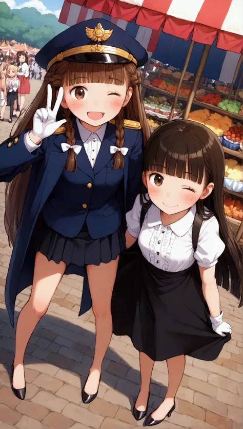 {Best Quality}, {Very beautiful},{Ultra fine},{Best illustration},Brown Hair,Hime cut,Long Hair,Braids,Standing Woman,Woman guarding,Adult women,smile,Excited face,Wink,Uniform cap,White Shirt,Short sleeve,long black skirt,White gloves,Around town,festival...