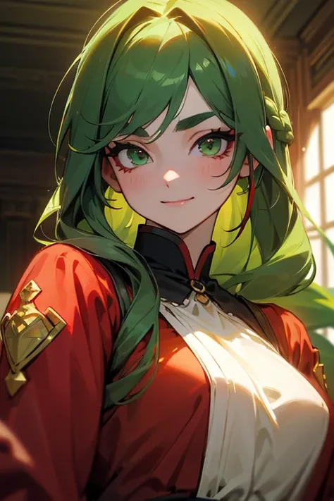 (Best Quality, masterpiece:1.2), High resolution, Very detailed, Realistic:1.37, Fantasy, Illustration, Green Eyes、Queen, Platinum decoration、beautifully、Eyeshadow Red、Thick eyebrows、Long eyelashes、The pupil is black、((Her hair is light green)).Embarrassin...