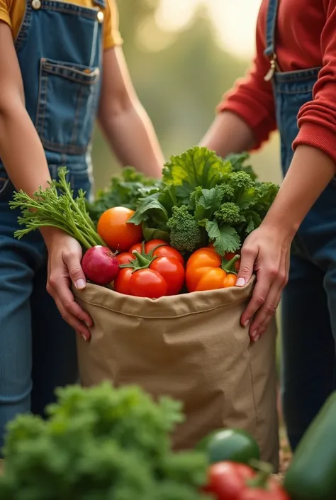 Bag with vegetable caring tow people only hand