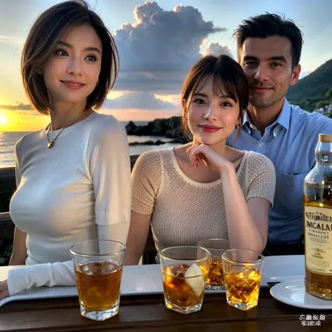 (Realistic, 超Realistic:1.4), 16K HDR, High resolution,Brown short hair,The best smile、Japanese Actress,so beautiful(It looks like the real thing),Short sleeve dress,Whiskey Bottle、The Macallan、Johnnie Walker、、Old Parr、whiskey、Suntory、nick、Slim couple、Model...