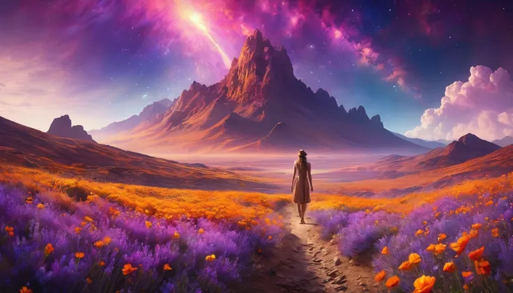 fotografia de paisagem expansiview from below with a view of the sky and desert beloirl standing in a field of flowers looking up))), (take the key: 1.2), (shooting star: 0.9), (nebula: 1.3), distant mountain, tree BREAK production art, (hot light source: ...