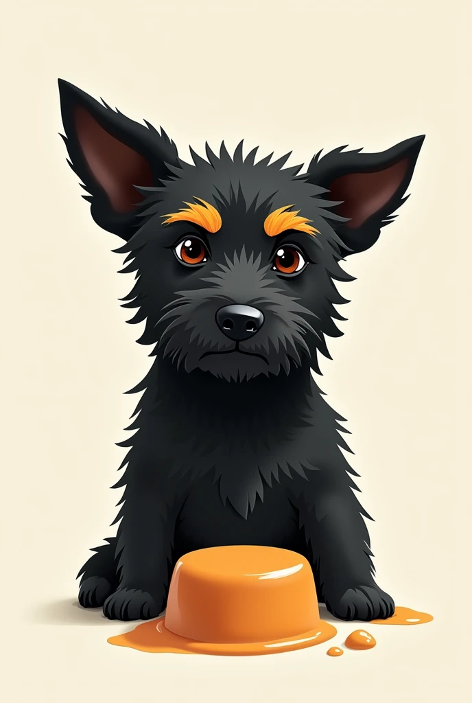 "Minimalist label of a black-haired mongrel dog with caramel eyebrows 
, with a dulce de leche in front.