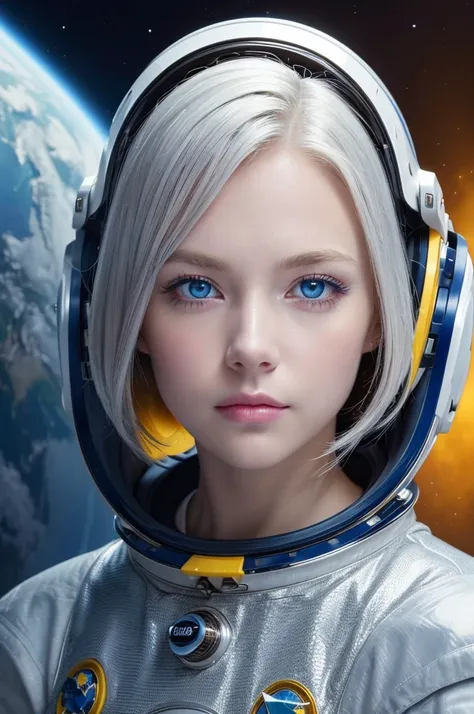 A closer look at a better masterpiece：1.5)0.9]、(Space and astronauts：1.2) (Disheveled silver hair：1.1) (Heterochromia and Yellow and Blue Eyes：1.2) (Space Helmet：1.0) (Colored stars in the eyes：1.0) (Shining Light：1.1) (Thick lips：0.9)