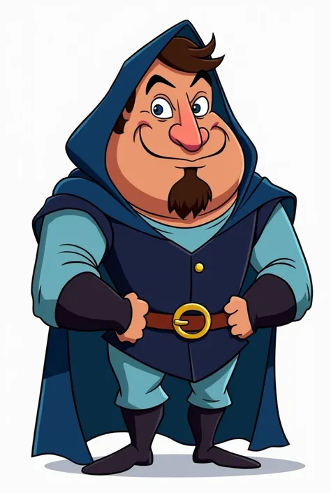 Create an animated character similar to “Duke Igthorn” from ((Adventures of the Gummi Bears)). He should have a large, mid nose, sharp facial hair including a goatee and mustache, and a mischievous expression with raised eyebrows. The character should wear...